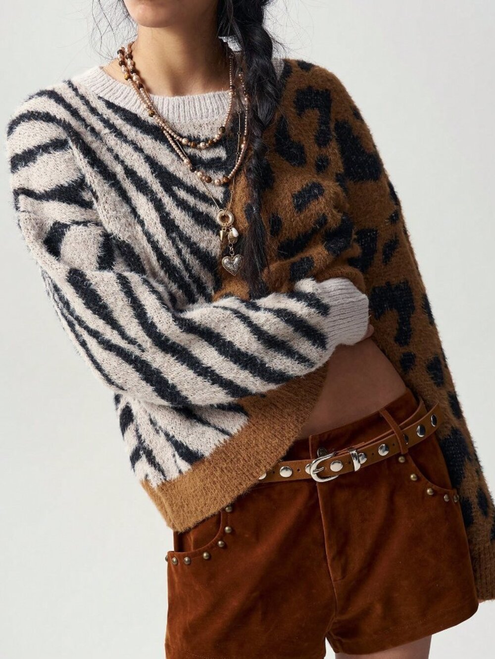 Multicolor Casual Women's Round Neck Leopard & Zebra Print Long Sleeve Sweater